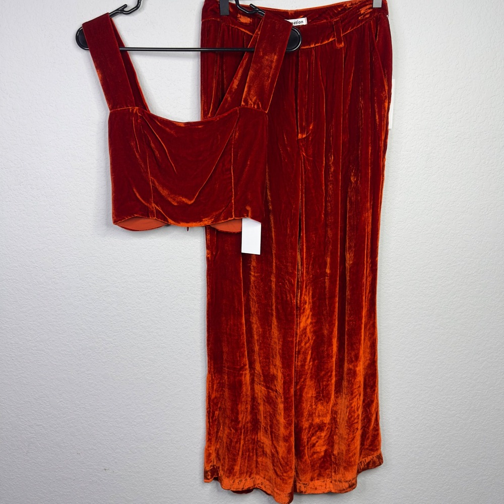 Reformation Wes Pants Set Women 4 Orange Silk Blend Velvet Wide Leg Holiday Luxe